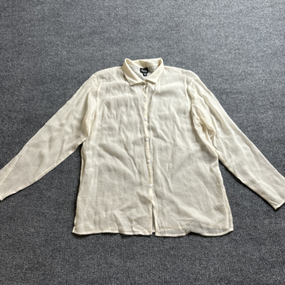 Eileen‎ Fisher Blouse Women's XS Cream Silk Blend Sheer Button Up Shimmer